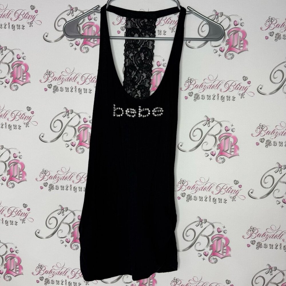 Bebe tank top lace racer back black cinched sides bling Swarovski crystal logo